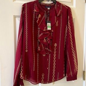 Tommy Hilfiger Womens Chiffon Blouse Burgundy Gold Chains